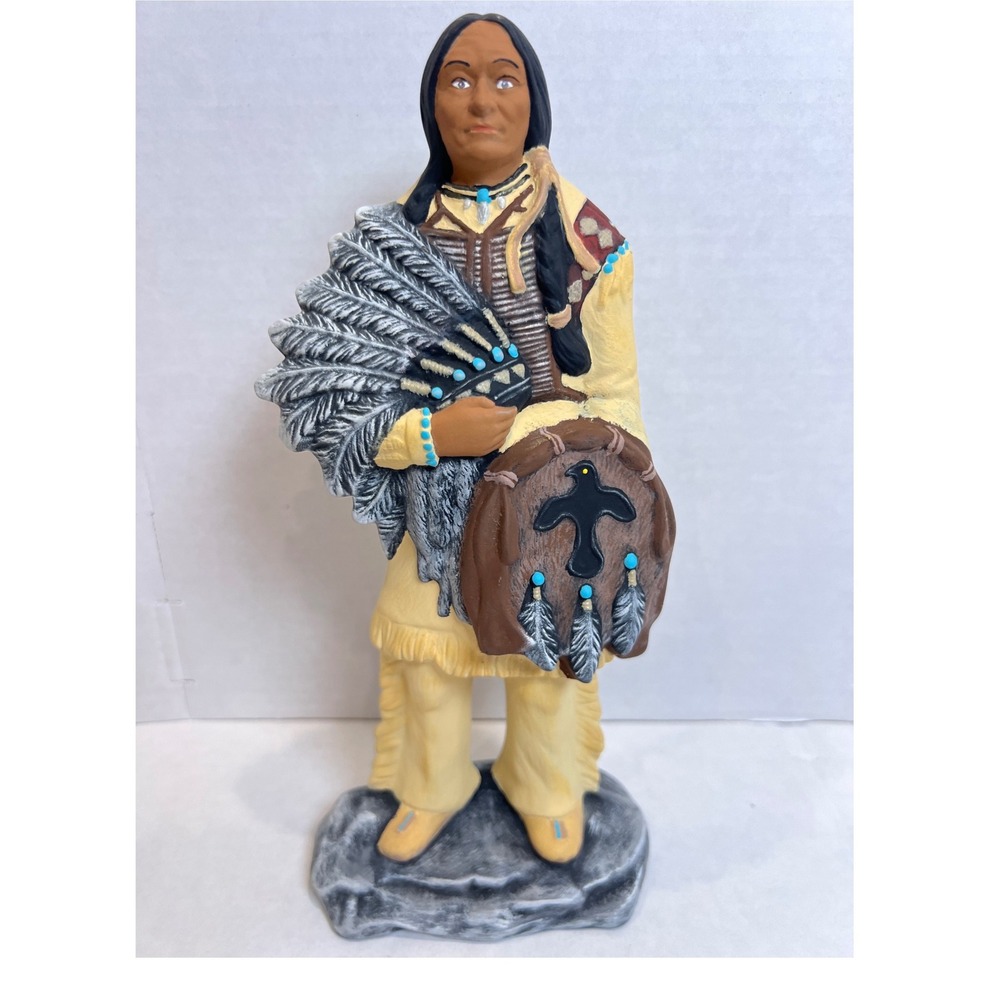 Native American Warrior Ceramic Figurine Hand Painted Buckskin Shield‎ Statue